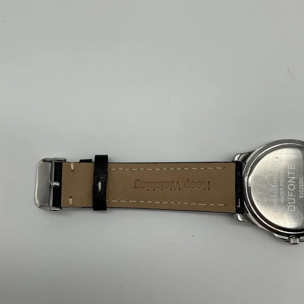 Dufonte 83028BK Mens Watch 39mm Black Dial Silver Tone Leather New Battery
